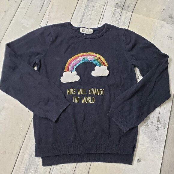 H&M Kids Will Change the World Blue Sweater - Sequin Rainbow - Size 6-8Y - Picture 1 of 6